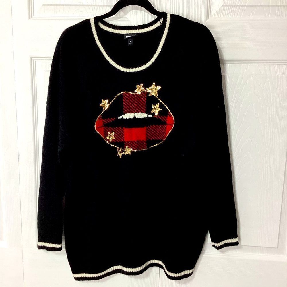 Torrid Holiday Lips Sweater Buffalo Check Black Sparkly Stars Sweater Torrid 2